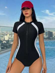 Livesso Baju Renang Olahraga Terusan Lengan Panjang Motif Blok Warna untuk Wanita - Hitam - View 5