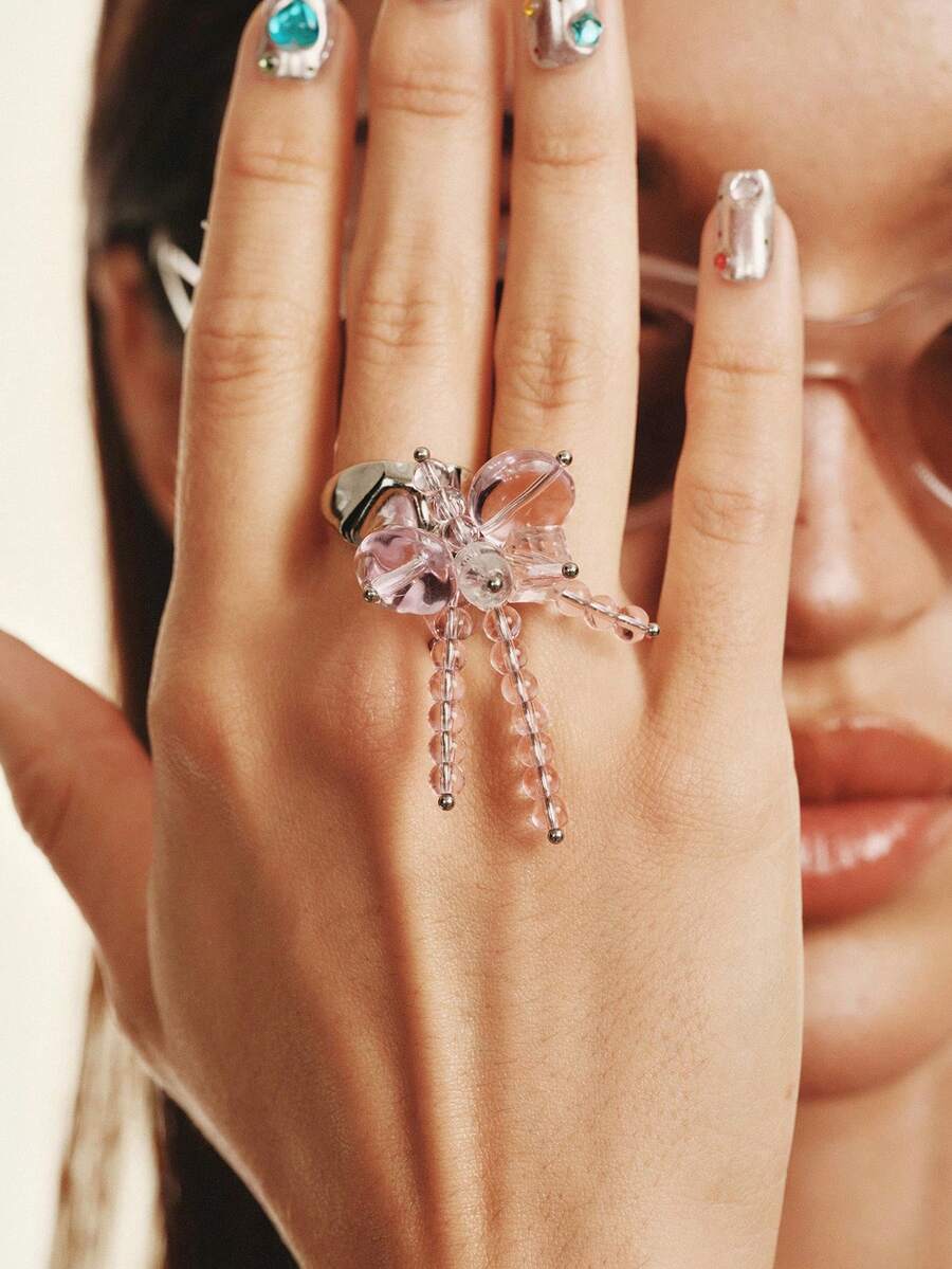 Popjeli Silver Open Ring Girl Heart Pink Beaded Flower Ring Niche Design Sweet And Cool Style - Pink - View 1