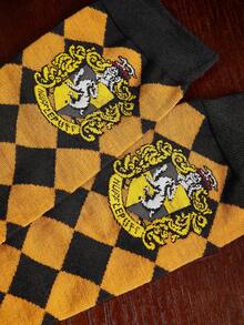 HARRY POTTER X SHEIN 1件裝字母徽章圖案黑色膝下襪，禮物，返校季 - 黃黑色 - 查看 3