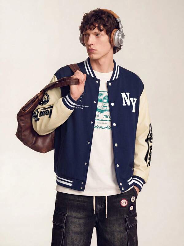 Limitiso Men's Long Sleeve Casual Street Style Slogan Print Contrast Color Varsity Bomber Baseball Jacket, For Fall