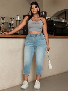 SHEIN ICON Plus Size Women Casual Everyday Commute Minimalist Elastic Waist Skinny 3/4 Length Jeans - Light Wash - View 7