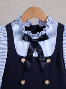 Elladie kids Girls' Spring/Autumn Collar 2 In 1 Top With Blue Striped Front Neckline, 3D Woven Ribbon Bow, Navy Blue Back To School Clothes  Preppy School Dress - Blue - View 7