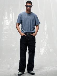 IRON GLYPH 男士藍色做舊布料刺繡T恤 - 藍色 - 查看 3