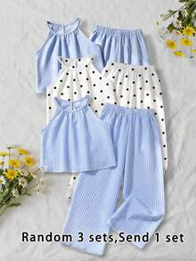 SHEIN Vintaside Kids 女童休閒簡約時尚條紋紋理圓領掛脖無袖短版藍條紋紋理布料背心上衣搭配彈性腰帶素色寬鬆長休閒長褲套裝，女童開學服裝，女童夏季出遊與度假服裝 - 藍色 - 查看 4