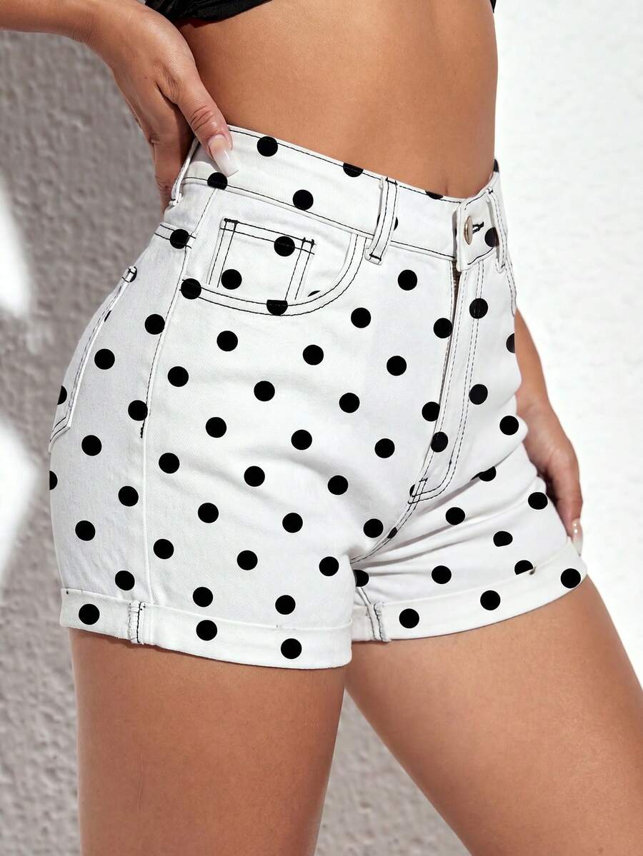 SHEIN ICON 夏季休閒波點印花牛仔短褲 - 黑與白 - 查看 1