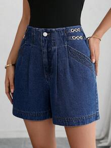 SHEIN Clasi Women's Patchwork Chain Design Pocket Casual Denim Shorts Travel Vacation Dark Blue Summer - Blue - View 7
