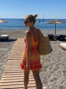 Selianne Spring/Summer Vacation Sunset Gradient Spaghetti Strap Dress, V-Neck Thin Shoulder Strap Fitted Bodycon Mini Dress With Ruffle Hem, Beach Holiday Party Date Sexy Girl Sweater Dress - Orange - View 2