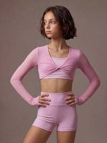 SHEIN 少女粉色三件套运动套装——背心、短裤和运动上衣组合，高弹亲肤面料，适合舞蹈训练、瑜伽练习和日常运动。 - 粉色 - 查看 4
