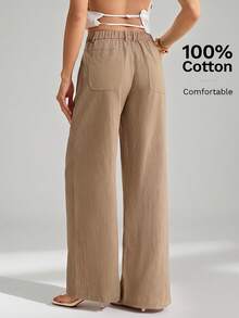 SHEIN Tall 100%水洗棉低腰直筒長褲 - 駝色 - 查看 3
