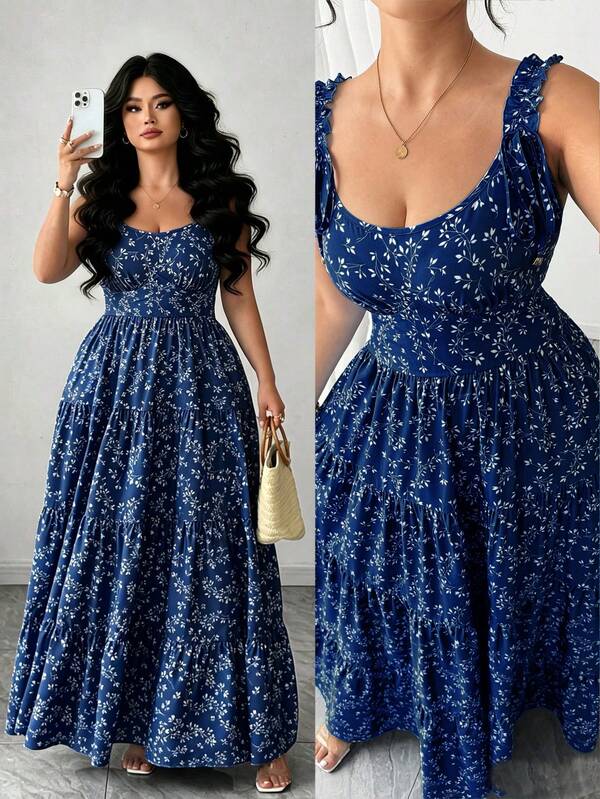 Elenzga Plus Size Women's Summer New Blue Small Floral V-Neck Tie Strap Shoulder Decor Ruffle Hem Cinched Waist Slimming Ruched Full Skirt Sexy Vacation Dress.Suitable For Vacation, Travel, Casual Wear, Summer Date, Social Occasions.