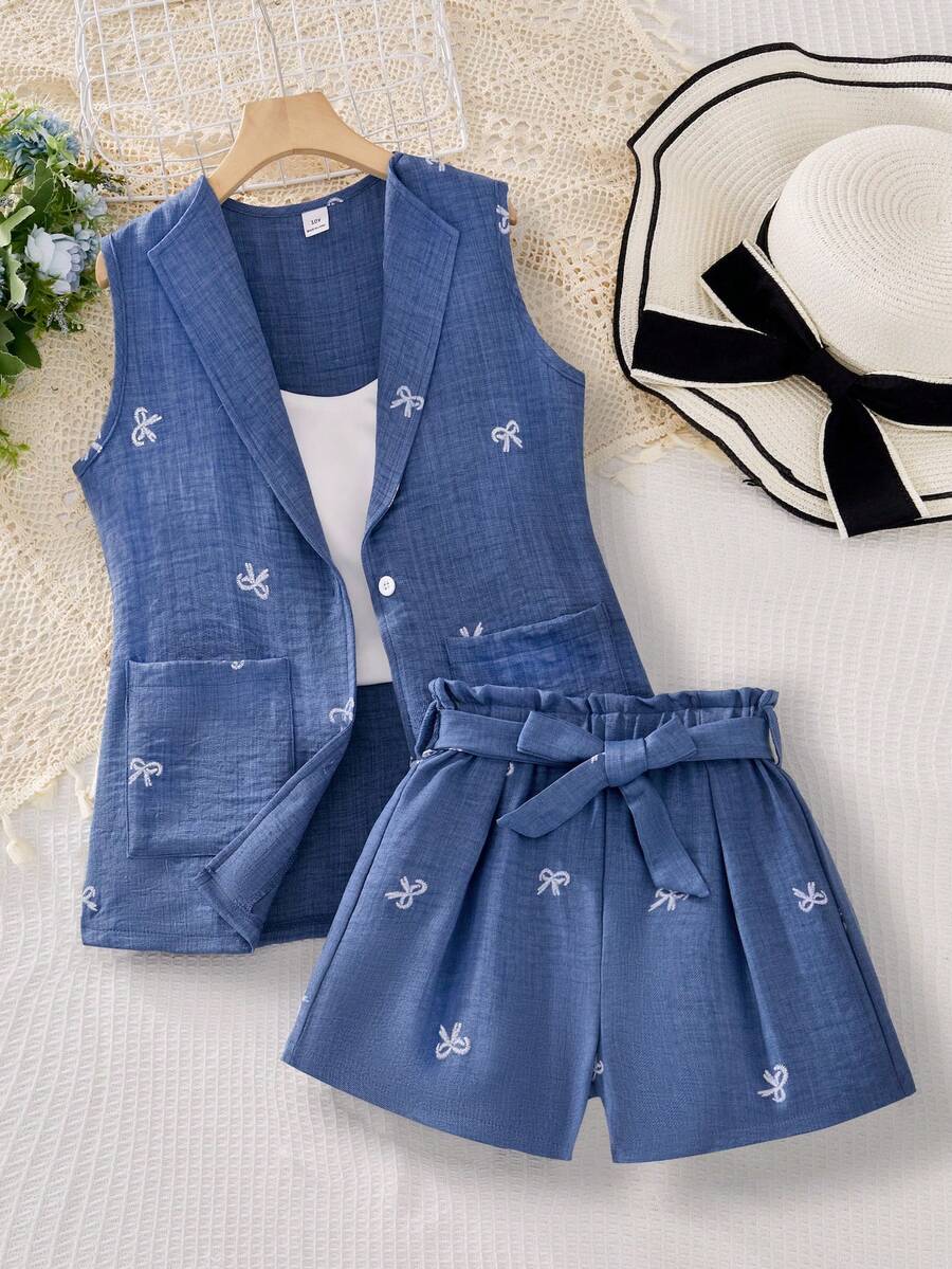 SHEIN 青少年女孩無袖背心外套蝴蝶結腰帶短褲休閒時尚套裝 日常姊妹穿搭套裝(2套分別販售) - 彩色 - 查看 1
