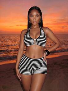 SHEIN BamGlam Back To School Teacher Women's Summer Beachwear Black And White Striped Fabric Bikini Top And High-Waisted Shorts Swimsuit 2-Piece Set Suitable For Beach Vacation, Casual Party And Other Occasions - Black and White - View 6