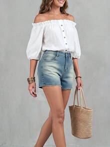 Balvessa Vacation Outfits Light Blue Frayed Casual Versatile Button Pocket Cuffed Hem Pleated High Waist A Line Outing Denim For Women - Medium Wash - View 3