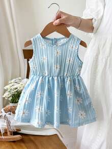 SHEIN Vintaside Kids 女嬰 3個月-3歲洋裝，1件休閒可愛日常風格秋季女童套裝，棕色蝴蝶結裝飾無袖蓬蓬洋裝 - 藍色 - 查看 3