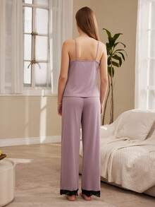 Moireta French Elegant Contrast Color Charming Lace Camisole Comfortable Knit Women's Pajama Set - Purple - View 4