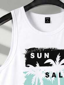 VIVINTIMO Camiseta sin mangas casual de vacaciones para hombre con estampado de árbol de coco - Blanco - Ver 3