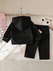 SHEIN 2件組女嬰春/秋季黑粉對比甜美運動風蝴蝶結裝飾連帽拉鍊外套 & 束口長褲套裝，寬鬆舒適版型，適合日常出遊、學校活動、戶外玩耍、家庭聚會、拍照 - 黑色 - 查看 3