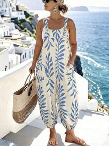 SHEIN Clasi Mono de mujer talla grande de primavera/verano con estampado de vacaciones y cordón ajustable - Azul - Ver 1
