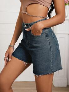 Celana Pendek Denim Kasual Serbaguna Wanita dengan Pinggang Tinggi dan Saku - Dark Wash - View 5