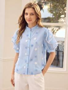 MOTF PREMIUM Blusa de mujer con mangas de pétalos con volantes - Celeste - Ver 5