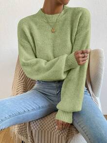 SHEIN 秋冬休閒百搭純色毛衣 - 綠色 - 查看 5