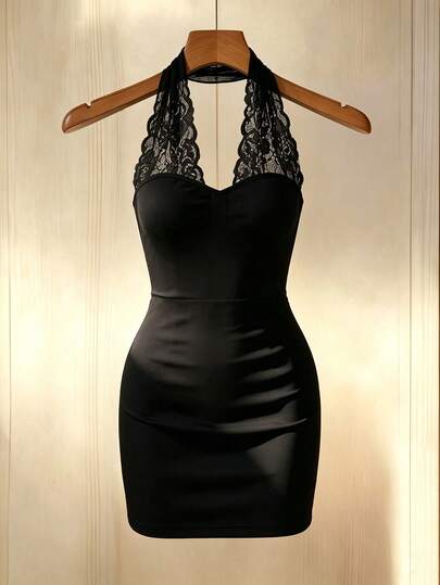 SHEIN Franclia Đầm nữ gợi cảm lãng mạn cổ yếm phối ren cho hẹn hò, công sở, mặc chuyên nghiệp, du lịch mùa hè và tiệc tùng
