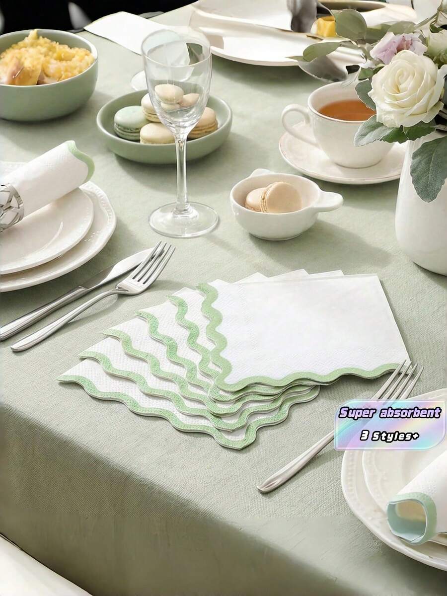 20pcs/40pcs/60pcs Green Wavy Edge Napkins, 2-Ply Classic White Napkins With Light Green Wavy Edges, Disposable Dessert Beverage Napkins, Suitable For Mother's Day, Bridal Shower, Gender Reveal Party, Birthday And Other Occasions - green - View 1