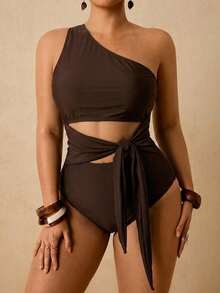 Travachic Plus Size Women's Solid Color Cutout Waist Knot One-Piece Swimsuit For Vacation Bathing Suit - Brown - View 2