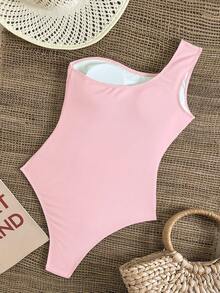 SHEIN Swim 純色單肩綁帶挖腰金屬飾飾優雅度假女款連身泳衣 - 粉色 - 查看 2