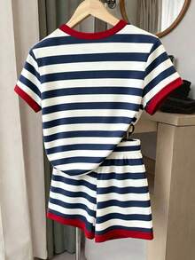 2pcs/Set Young Girl Casual Retro Colorful Striped Faux Cherry Rhinestone Print Round Neck Short Sleeve T-Shirt, Comfortable Summer And Autumn Style, Suitable For Daily Wear - Multicolor - View 2