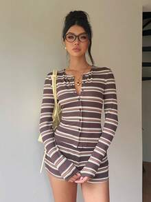 Aloruh Brown Striped Long Sleeve Top And Shorts Set, Casual Retro Vintage 70s 2000s Two Pieces Outfit For Spring And Autumn Everyday - Brown - View 5
