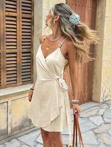 SHEIN LUNE Women's Casual Tropical Solid Color Summer Vacation Commute Daily Basic Fashion Outing Outfit Spaghetti Strap Short Dress Beige Brunch Beach - Apricot - View 3