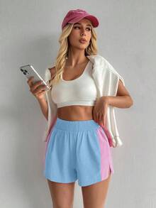 SHEIN Sovereign Charm 女款彈性腰拼色休閒百搭日常旅行運動短褲 - 彩色 - 查看 6