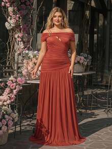 Glamrae Vestido de dama de honor formal talla grande con escote asimétrico de un hombro, decoración de metal hecha a mano, drapeado plisado y corte en A, color rojo ladrillo - Color caoba - Ver 7