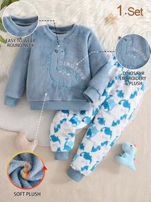 2pcs/Set Boys Dinosaur Embroidered Warm Soft Skin-Friendly Fleece Long Sleeve Long Pants Pajamas Lounge Wear Set - Dusty Blue - View 8