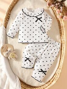 SHEIN Newborn Baby Girls Outfit, Spring Autumn Polka Dot Ribbed Ruffle Bow Clothes Set - Black and White - View 3