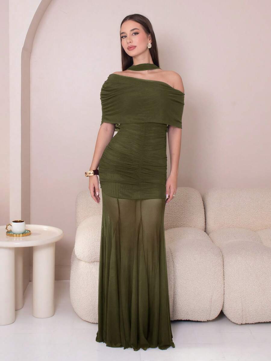Duda Rubert 女士优雅褶皱不对称连衣裙,夏季婚礼宾客礼服 - 軍綠色 - 查看 1