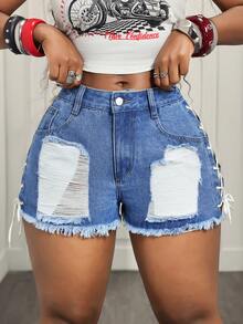 BamGleam Shorts Denim Desgastados Femininos com Bolsos Laterais, Cadarço com Ilhós e Bainha Desfiada - Azul - Visão 5