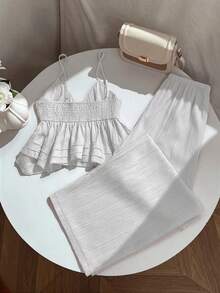 SHEIN Unity Women's Set Camisole Top With Textured Patchwork Design, Casual Straight Leg Pants With Drawstring And Pockets - White - View 2