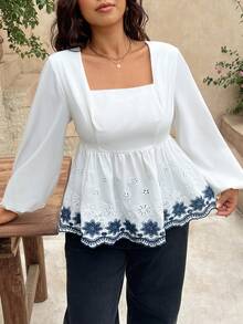 SHEIN Frenchy Plus Size Women Square Neck Pleated Burnout Embroidery Casual Versatile Daily Wear Blouse Elegant Boho Style Business Formal Party All White Autumn - White - View 6