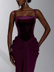 Elitara Elegantes minimalistisches Mode-Abendkleid für Damen in Dunkellila, elastisches Mesh, Neckholder, Samt, figurbetont, plissiert, lang, formell - Bordeaux - Übersicht 2