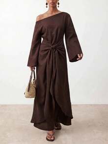 Zivah Women's Solid Color One Shoulder Waist Knot Casual Elegant Party Dinner Vacation Travel Long Dress Brown Autumn - Brown - View 7