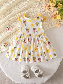 SHEIN Newborn Baby Girl Summer Cute Pattern Sleeveless Dress - Mustard Yellow - View 2