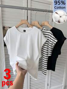 Tseoso 女款 95% 棉 3件組短版圓領T恤-黑色/白色/條紋；時尚；辦公/通勤；度假，夏季 - 彩色 - 查看 12