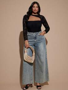 SHEIN BAE CURVE 大尺碼女款黑色蕾絲拼接長袖連身衣，優雅性感連身衣 - 黑色 - 查看 6