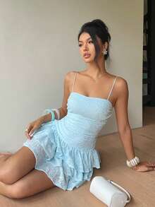 Aloruh Women's Textured Multi-Layer Cake Ruffle Cami Romper Vacation Club Light Blue Summer Sexy Cute - Apricot - View 6