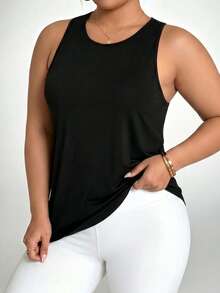 SHEIN Dewbera Plus Size Solid Color Hollow Back Sports Tank Top - Black - View 4