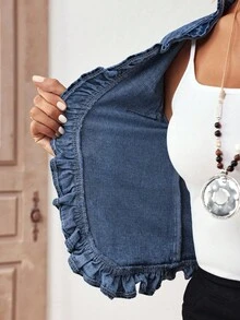 EMERY ROSE Plus Size Women Street Casual Comfortable Ruffle Trim Mid Blue Non-Stretch Denim Jacket - Dark Wash - View 10