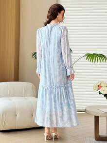 Al Najma Stand Collar Long Sleeve Embossed Jacquard Blue Color Block Dress - Blue - View 8