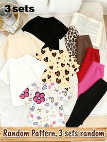 3 Sets Random Summer Girls' Leopard Pattern Love Maruko Head Cool Girls' Bow Pattern Printed Basic Short T Plus Bottom Pants Set Random Pattern - Multicolor - View 2